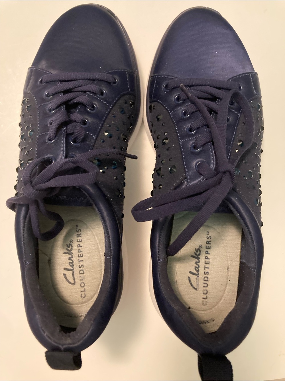 Clarks Navy satin like Sneakers with Crystal Accents for Women
